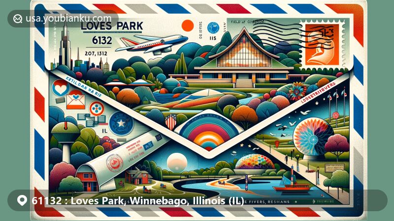 Modern illustration of Loves Park, Winnebago, Illinois (IL) in a landscape airmail envelope format, showcasing key landmarks like Frank Lloyd Wright’s Laurent House, Anderson Japanese Gardens, Rock River Recreation Path, and Volcano Falls Adventure Park.