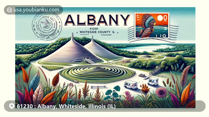 Modern illustration of Albany, Whiteside County, Illinois, featuring Albany Mounds State Historic Site with burial mounds and lush greenery, symbolizing rich archaeological heritage.