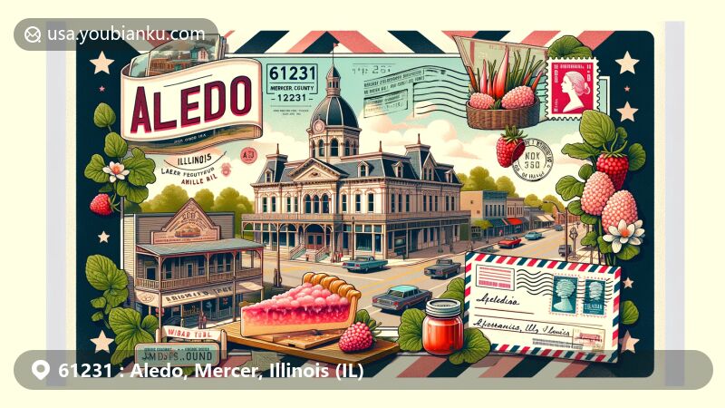 Modern illustration of Aledo, Mercer County, Illinois, centered on historic Main Street with 19th-century architecture and small town charm. Vintage postcard border with airmail envelope design, showcasing Mercer County Courthouse, Rhubarb Festival symbols, and Illinois state flag outline.