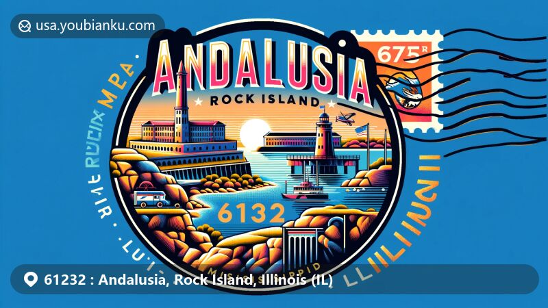 Modern illustration of Andalusia, Rock Island County, Illinois, featuring the scenic landscape along the Mississippi River, Rock Island Arsenal, and elements of Illinois state symbols.