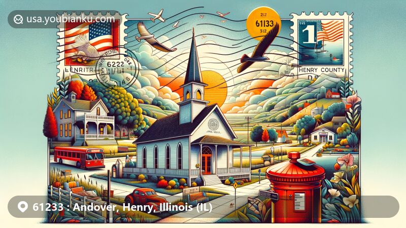 Creative illustration of Andover, Henry County, Illinois, representing postal theme with ZIP code 61233, featuring Jenny Lind Chapel, Illinois state flag, and tranquil county landscape.