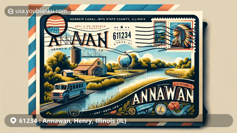 Vintage-style illustration of Annawan, Henry County, Illinois, featuring Hennepin Canal Parkway State Park and Johnson Sauk Trail State Park on a postcard within an airmail envelope, adorned with Illinois state flag stamp and 'Annawan, IL 61234' postmark.