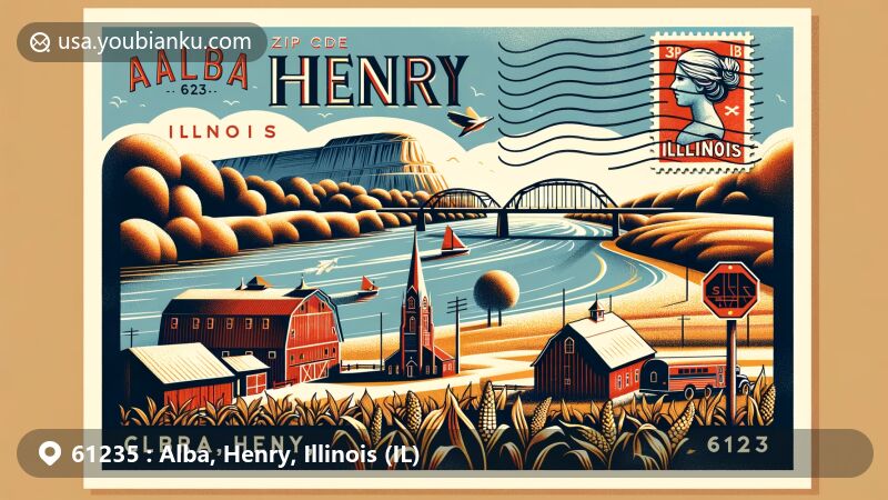 Modern illustration of Alba, Henry, Illinois, highlighting postal theme with ZIP code 61235, featuring Illinois River, cornfields, red barn, and silhouette of Starved Rock State Park.