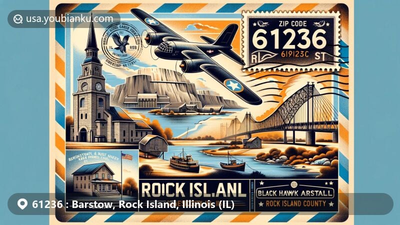 Modern illustration of Barstow, Rock Island, Illinois, with a vintage airmail envelope showcasing ZIP code 61236, featuring Rock Island Arsenal, Black Hawk State Historic Site, and Centennial Bridge.