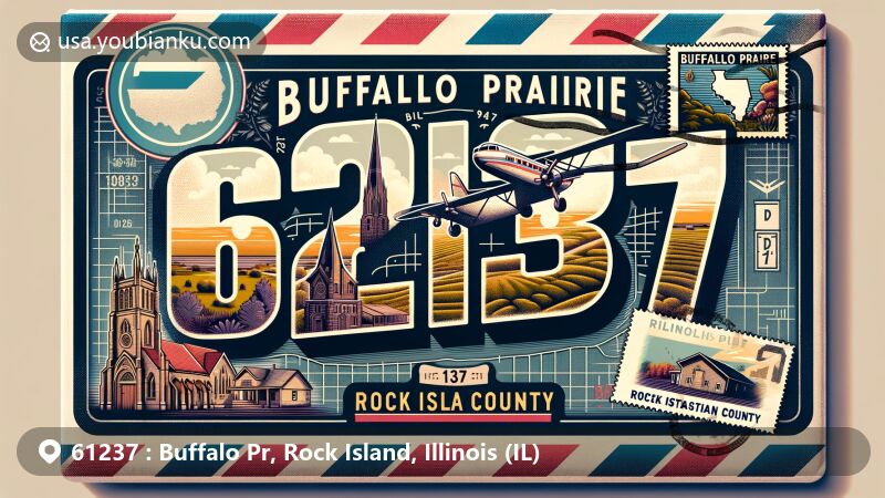 Artistic representation of Buffalo Prairie, Rock Island County, Illinois, designed as an airmail envelope with ZIP code 61237, showcasing Buffalo Prairie area landmarks like the Presbyterian Church and Cemetery, complemented by Illinois state outline silhouette and Midwestern scenery stamp.