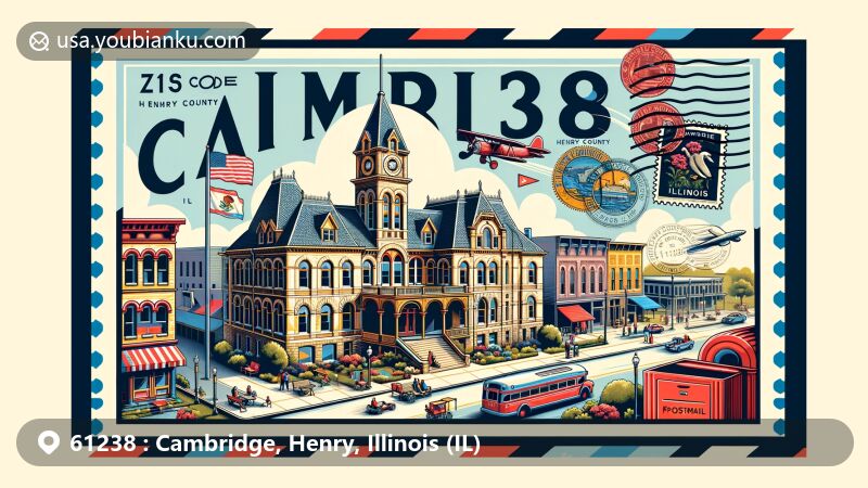 Modern illustration of Cambridge, Henry County, Illinois, capturing the essence of ZIP code 61238 with historic Henry County Courthouse and local charms, including downtown streets, parks, and community gatherings.