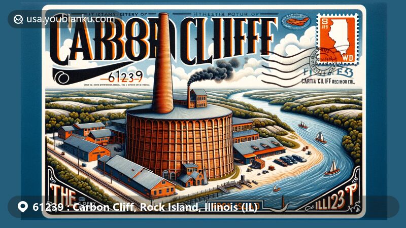 Modern illustration of Carbon Cliff, Rock Island County, Illinois, representing ZIP code 61239, showcasing historic pottery industry with brick building and smokestack, surrounded by natural landscapes and Rock River.
