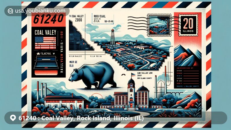 Modern illustration of Coal Valley, Rock Island, Illinois, highlighting Niabi Zoo, Coal Valley High School, Illinois map, and coal mine, with a vintage postage stamp and airmail envelope background.