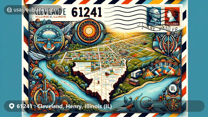 Modern illustration of Cleveland Village, Henry County, Illinois, focusing on postal code 61241, featuring Rock River and cultural symbols of Illinois, with a vibrant and artistic interpretation of the region's history and landscapes.