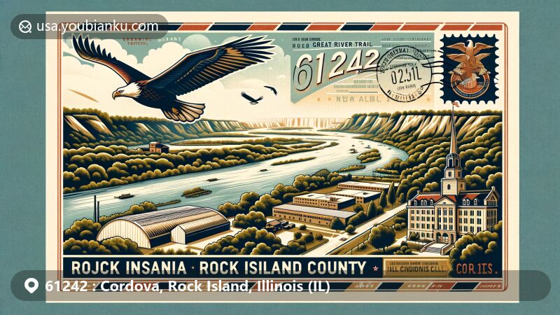 Modern illustration of Cordova area in Rock Island County, Illinois, capturing ZIP code 61242 on a wide postcard design with scenic views of the Great River Trail along the Mississippi River, Rock Island Arsenal, and Rock Island County Courthouse.
