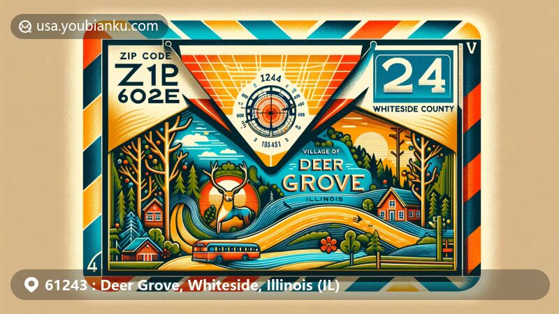 Modern illustration of Deer Grove, Whiteside County, Illinois, featuring a vintage airmail envelope representing postal theme and ZIP code 61243, with elements of Whiteside County outline and serene forest preserve.