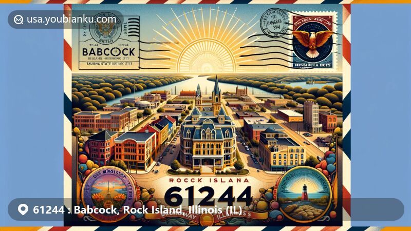 Modern interpretation of Babcock, Rock Island, Illinois, ZIP code 61244, presenting Broadway Historic District with Queen Anne, Italianate, and Colonial Revival architecture, Rock and Mississippi Rivers, Rock Island Arsenal, Hauberg Civic Center, Black Hawk State Historic Site, and Mississippi River trails.