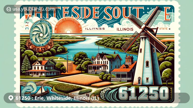 Modern illustration of Erie, Whiteside County, Illinois, showcasing postal theme with ZIP code 61250, featuring Rock River, De Immigrant windmill, Dillon Home Museum, birthplace of Ronald Reagan, and Illinois state symbols.