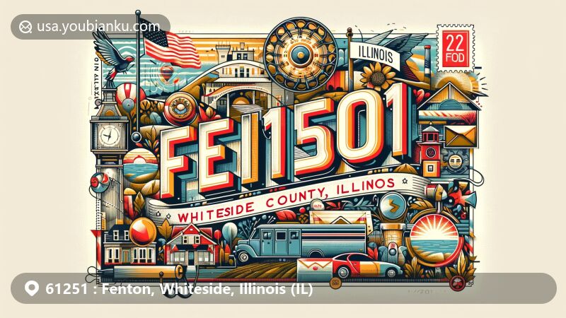 Modern illustration of Fenton, Whiteside County, Illinois, showcasing postal theme with ZIP code 61251, featuring local landmarks and Illinois state symbols.