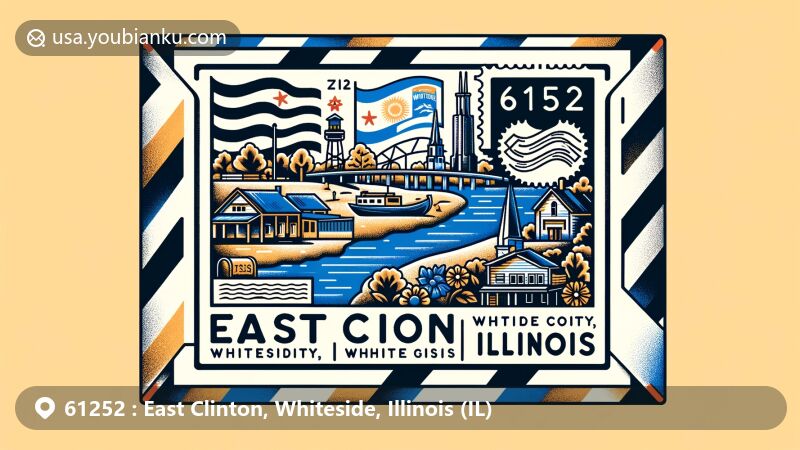 Modern illustration of East Clinton, Whiteside, Illinois, resembling a postal card with ZIP code 61252, showcasing the Mississippi River and Illinois state flag.