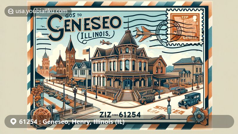 Modern illustration of Geneseo, Illinois, showcasing ZIP Code 61254, with Geneseo Historical Museum and Victorian architecture, including vintage postal elements.