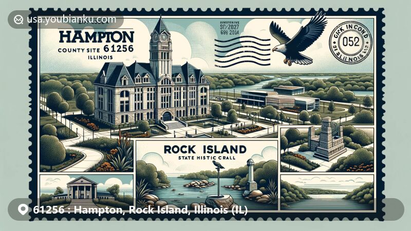 Modern illustration of Hampton, Rock Island, Illinois, featuring Rock Island County Courthouse, Black Hawk State Historic Site, Great River Trail, and Campbell's Island State Memorial, with a postal postcard design and subtle local landmarks.