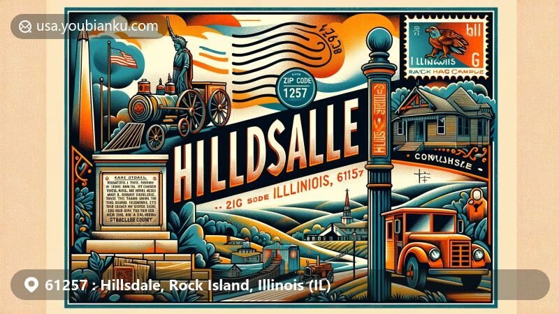 Creative postcard design for Hillsdale, Illinois, ZIP code 61257, featuring historical markers related to Black Hawk War, Rock Island County outline in background, stylized depiction of Illinois state flag, vintage airmail envelope with '61257' ZIP code stamp, postal truck, and mailbox.