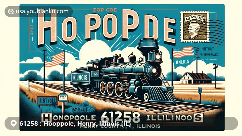 Modern illustration of Hooppole, Henry County, Illinois, with vintage steam locomotive representing Hooppole, Yorktown & Tampico Railroad, village silhouette, Illinois state flag, and rural landscape.