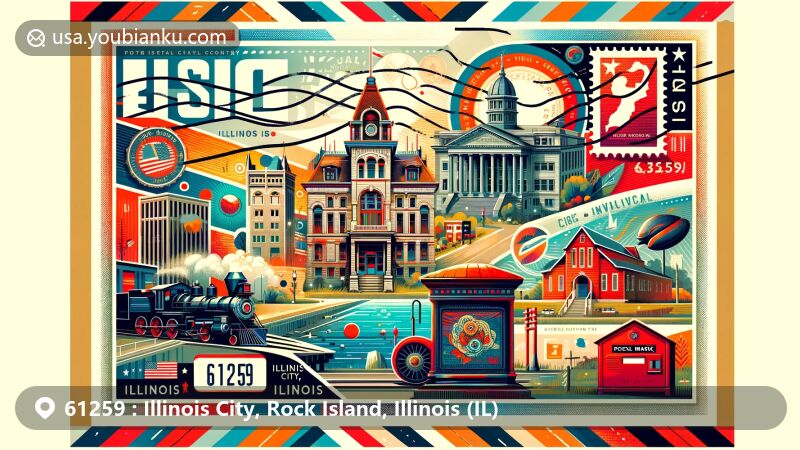 Modern illustration of Illinois City, Rock Island, Illinois, showcasing postal theme with ZIP code 61259, featuring Rock Island Arsenal, Colonel Davenport House, Rock Island County Courthouse, and the Mississippi River.