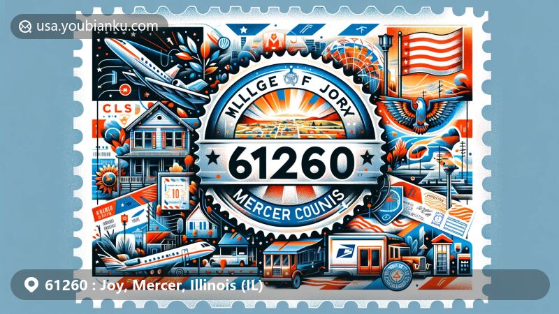 Modern illustration of Joy, Mercer County, Illinois, featuring a postal theme with ZIP code 61260, showcasing the village of Joy's small-town charm and rural setting.