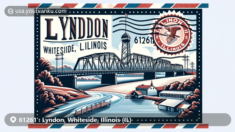 Modern illustration of Lyndon, Whiteside, Illinois, showcasing the historic Lyndon Bridge over Rock River, representing community heritage. Includes Illinois state flag, designed as vintage air mail envelope with postal theme.
