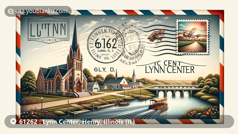 Modern illustration of Lynn Center, Illinois, highlighting Swedona Lutheran Church and Lynnwood Lake Dam on a vintage airmail envelope canvas, with rural landscape and Illinois state flag.