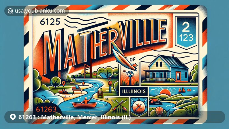 Modern illustration of Matherville, Mercer County, Illinois, featuring a postal-themed artwork with ZIP code 61263 and stylized map of Mercer County, showcasing a serene small town ambiance and outdoor activities.
