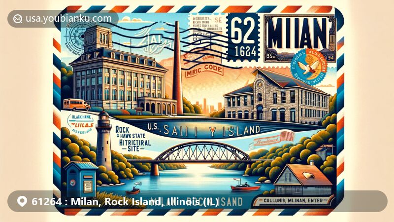 Modern illustration of Milan, Rock Island, Illinois, highlighting postal theme with ZIP code 61264, featuring local landmarks like Rock Island Arsenal, Hauberg Civic Center, and Centennial Bridge. Background includes Black Hawk State Historic Site and postal elements.