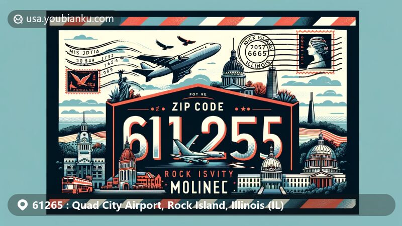 Modern illustration of Moline, Illinois, with airmail envelope design and landmarks, featuring ZIP Code 61265, stamps, and postmark elements.