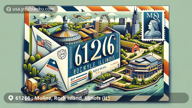 Modern illustration of Moline, Rock Island County, Illinois, showcasing postal theme with ZIP code 61266 and iconic landmarks like John Deere Pavilion, Ben Butterworth Parkway, Celebration Belle riverboat, and Center for Belgian Culture.