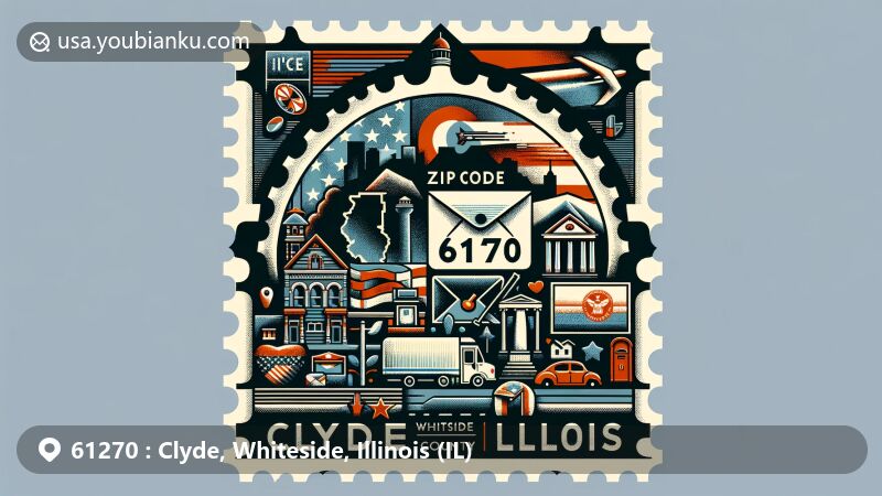 Colorful illustration of Clyde, Whiteside County, Illinois, showcasing postal theme with ZIP code 61270, featuring iconic landmarks and symbols of the region.