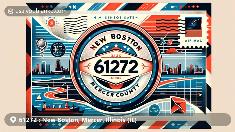 Modern illustration of New Boston, Mercer County, Illinois, inspired by airmail features and postal motifs, highlighting the town's location on the Mississippi River with ZIP code 61272.