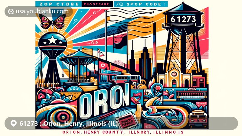Modern illustration of Orion, Henry County, Illinois, highlighting postal theme with ZIP code 61273, showcasing Central Park Music Pavilion and West Water Tower, featuring Illinois state flag silhouette.