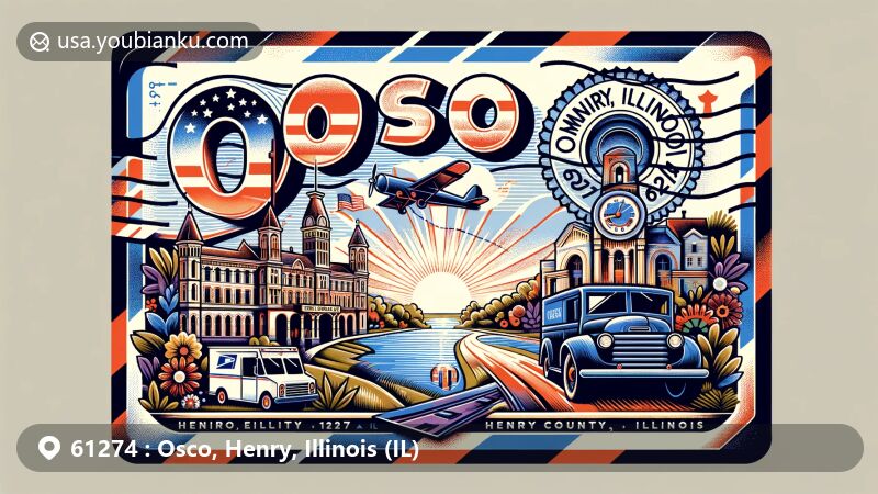 Modern illustration inspired by ZIP Code 61274 in Osco, Henry County, Illinois, showcasing airmail envelope design with local landmarks and postal elements.