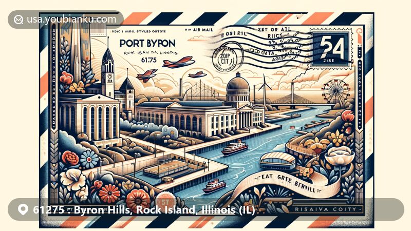 Modern illustration of Port Byron, Rock Island County, Illinois, featuring ZIP code 61275, showcasing landmarks like Rock Island Arsenal and Quad City Botanical Center, embodying the Great River Trail alongside the Mississippi River.