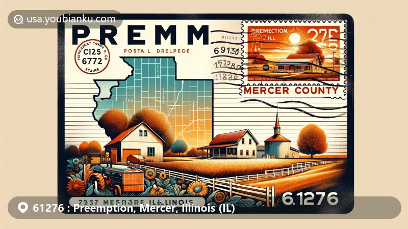 Modern illustration of Preemption, Mercer County, Illinois, featuring airmail envelope design with ZIP code 61276, rural landscape with farmhouse, Illinois state outline, vintage postage stamp, cancellation mark, and mailbox.