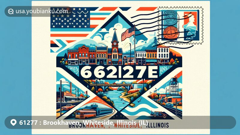 Modern illustration of Brookhaven, Whiteside County, Illinois, highlighting postal theme with ZIP code 61277, featuring Main Street Historic District and Illinois state symbols.