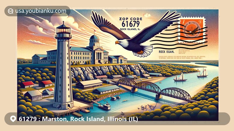 Modern illustration of Marston, Rock Island, Illinois, showcasing postal theme with ZIP code 61279, featuring Rock Island Arsenal, Hauberg Civic Center, Centennial Bridge, Black Hawk State Historic Site, and bald eagle.