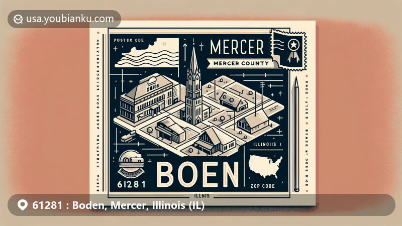 Modern illustration of Boden, Mercer County, Illinois, with ZIP code 61281, featuring iconic landmarks and postal elements like stamps and postmarks.