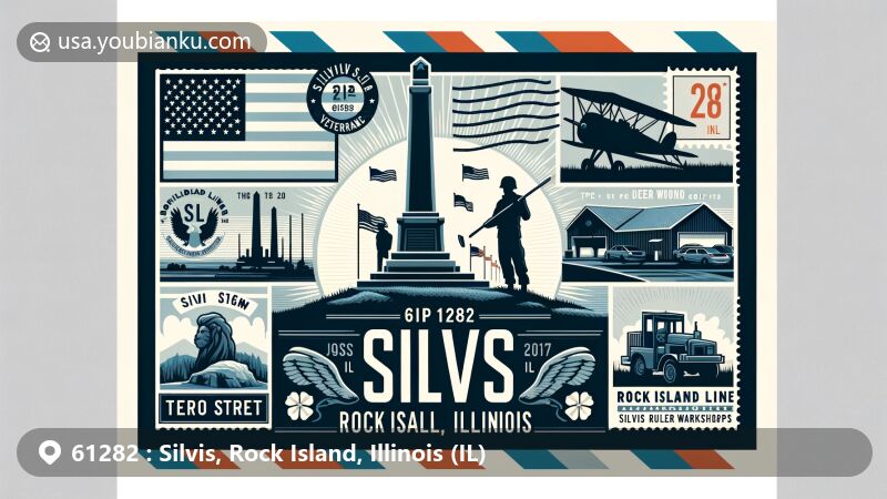 Creative illustration of Silvis, Rock Island, Illinois, inspired by ZIP code 61282, featuring Hero Street Memorial Monument, TPC Deere Run golf course, and Rock Island Line Silvis Workshops in a modern postcard design.