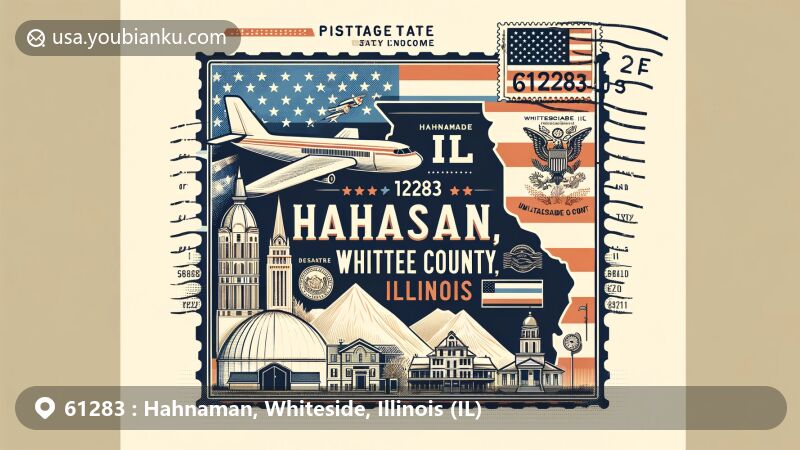 Modern illustration of Hahnaman, Whiteside County, Illinois, showcasing vintage airmail envelope with ZIP code 61283, featuring iconic landmarks and symbols of the region, including American and Illinois state flags.