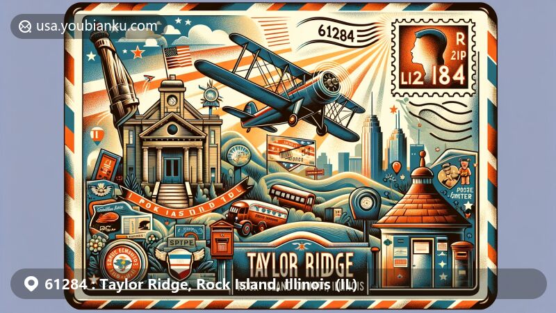 Modern illustration of Taylor Ridge, Rock Island County, Illinois, with vintage air mail theme, highlighting Illinois symbols. Includes state flag stamp, 'Taylor Ridge, IL 61284' postmark, classic mailbox, and postal van.