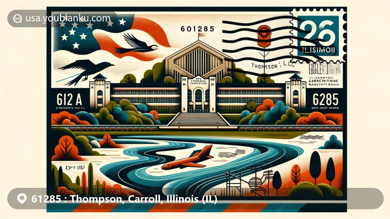 Whimsical illustration of Thomson, Illinois, showcasing ZIP code 61285 with vintage postcard design featuring the Mississippi River, Federal Correctional Institution, and natural elements from Upper Mississippi River National Wildlife Refuge.