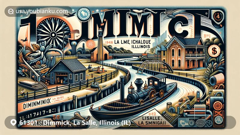 Modern illustration of Dimmick, La Salle, Illinois, featuring Illinois and Michigan Canal with a replica of the 1848 Volunteer canal boat, historic Hegeler-Carus Mansion, blacksmith shop, and old schoolhouse, integrating postal symbols and ZIP code 61301.
