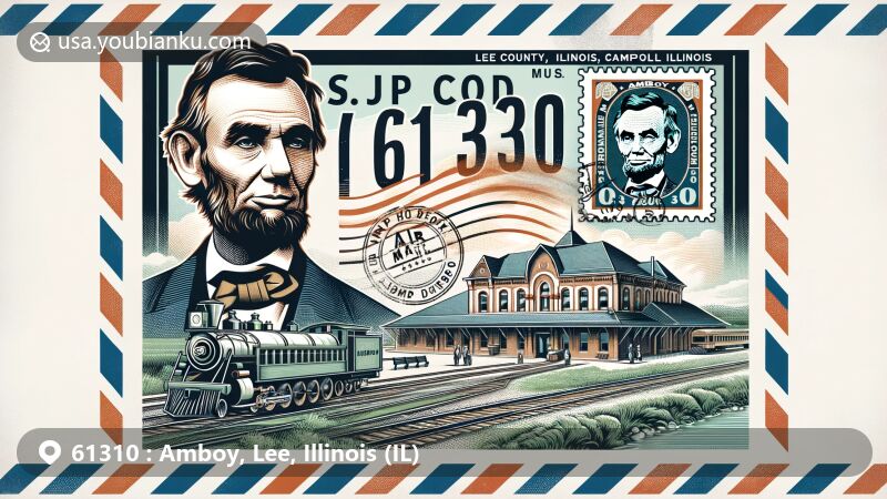 Creative depiction of Amboy, Lee County, Illinois, reflecting postal theme with ZIP code 61310; features iconic Amboy Depot Museum and Green River, with historic ties to Illinois Central Railroad; includes imagery of Abraham Lincoln during campaign speech.
