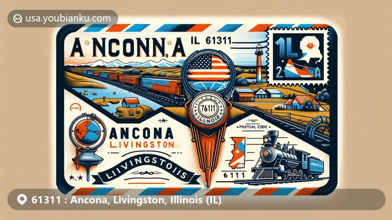Creative depiction of Ancona area, Livingston County, Illinois (IL), designed as vintage airmail envelope featuring local landmarks and postal elements.