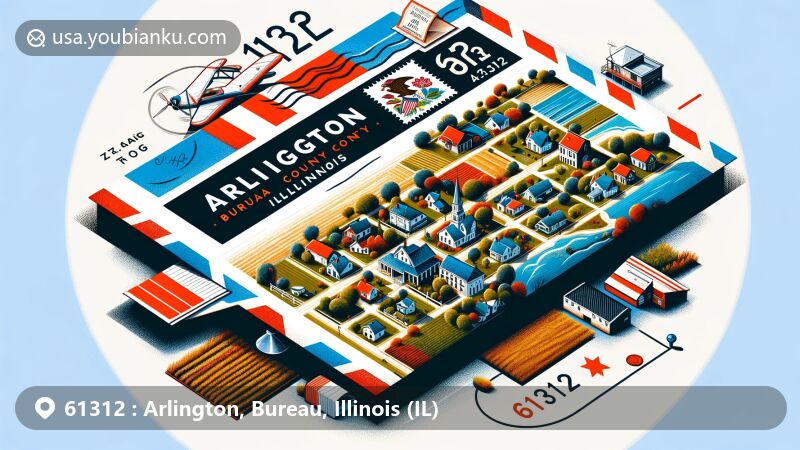 Modern illustration of Arlington, Bureau County, Illinois, showcasing postal theme with ZIP code 61312, featuring small-town charm and rural landscape, Illinois state flag, and vibrant design.