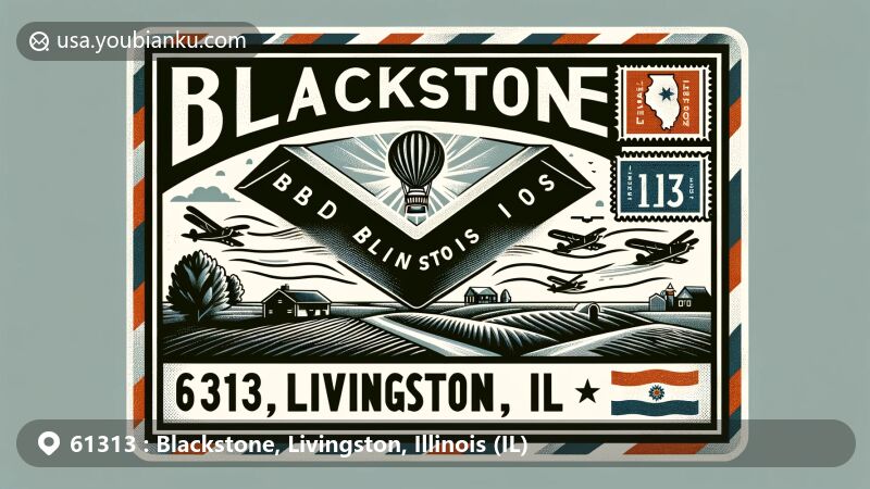 Modern illustration of Blackstone, Livingston County, Illinois, showcasing postal theme with ZIP code 61313, featuring state flag and Livingston County outline.