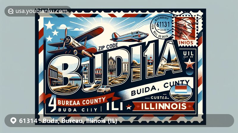 Modern illustration of Buda, Bureau County, Illinois, representing ZIP code 61314, in the form of an air mail envelope, featuring a landscape of Buda capturing rural charm, vintage postal elements, and bold '61314' font.